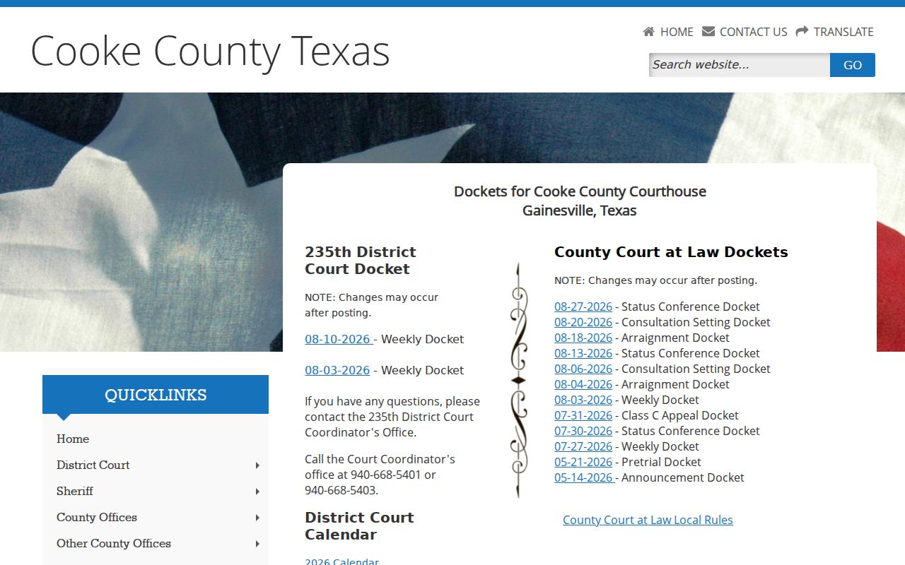 Cooke County criminal court docket page for case lookup