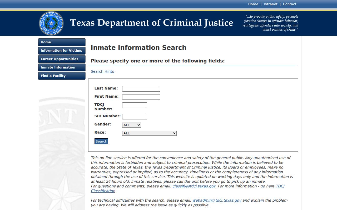 Cooke County criminal custody search through TDCJ