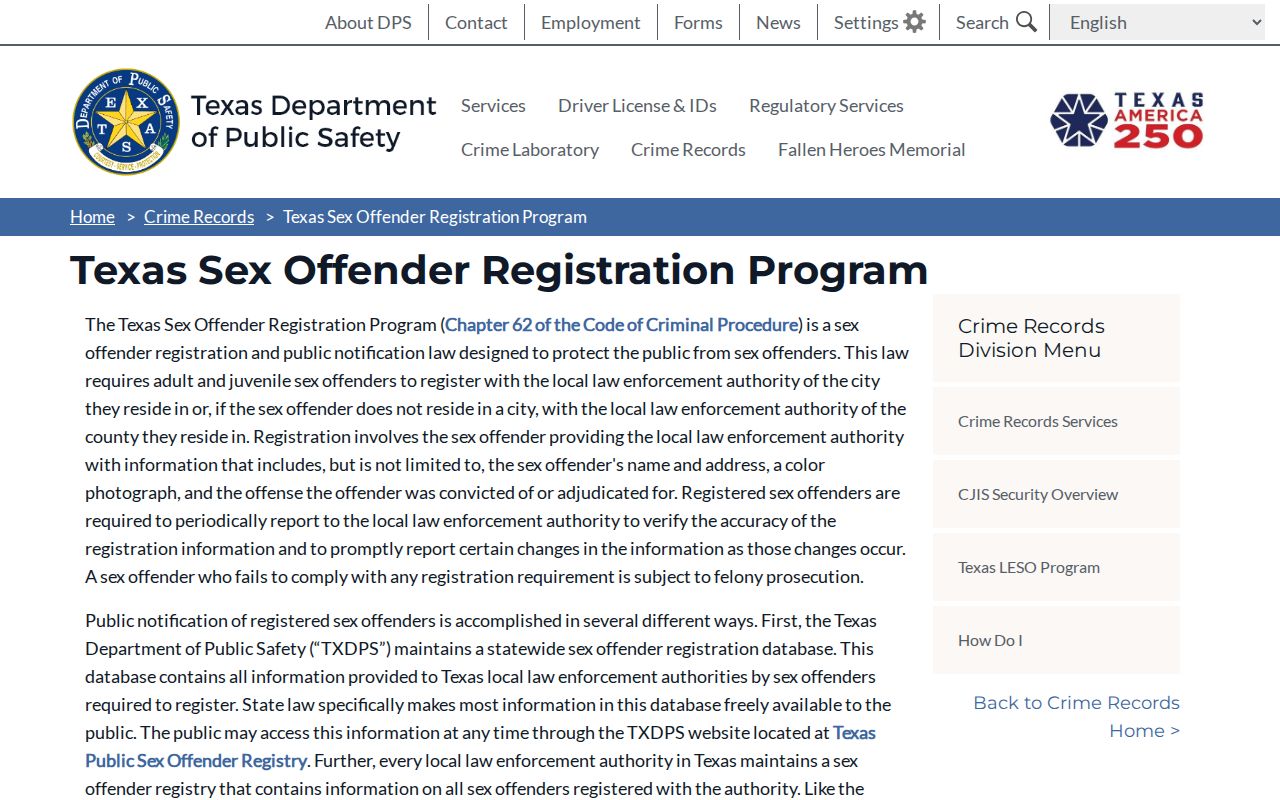 Texas DPS program information for Cooke County sex offender registration