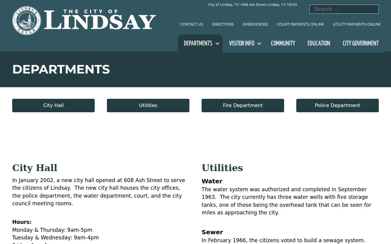 Lindsay criminal records offices for City Hall, Police Department, and Municipal Court